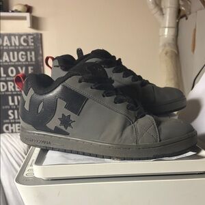 DC Low-Top Skate Shoes in Gray and Black with Red Heel Loop